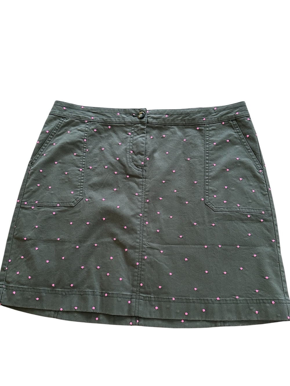 Boden A Line Chinotopia Straight Skirt Olive Green Pink Polka Dots Size 12
